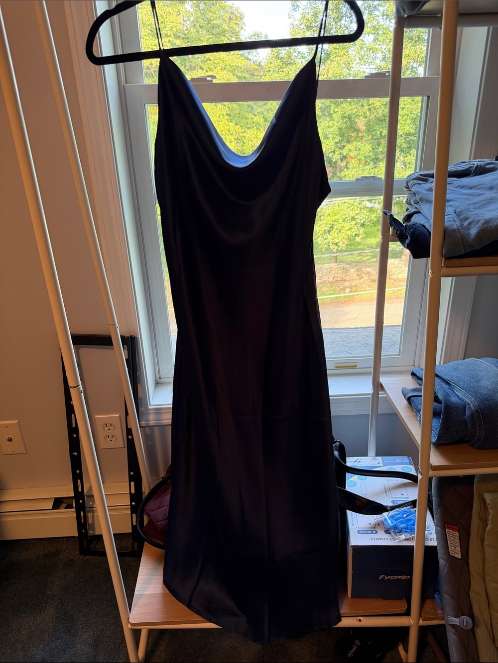 Sleek navy blue Cowl-Neck Midi Slip Dress
